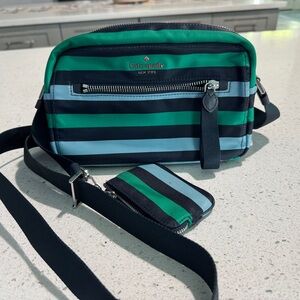 Kate Spade Green and Blue Striped camera bag with attached small zip pouch